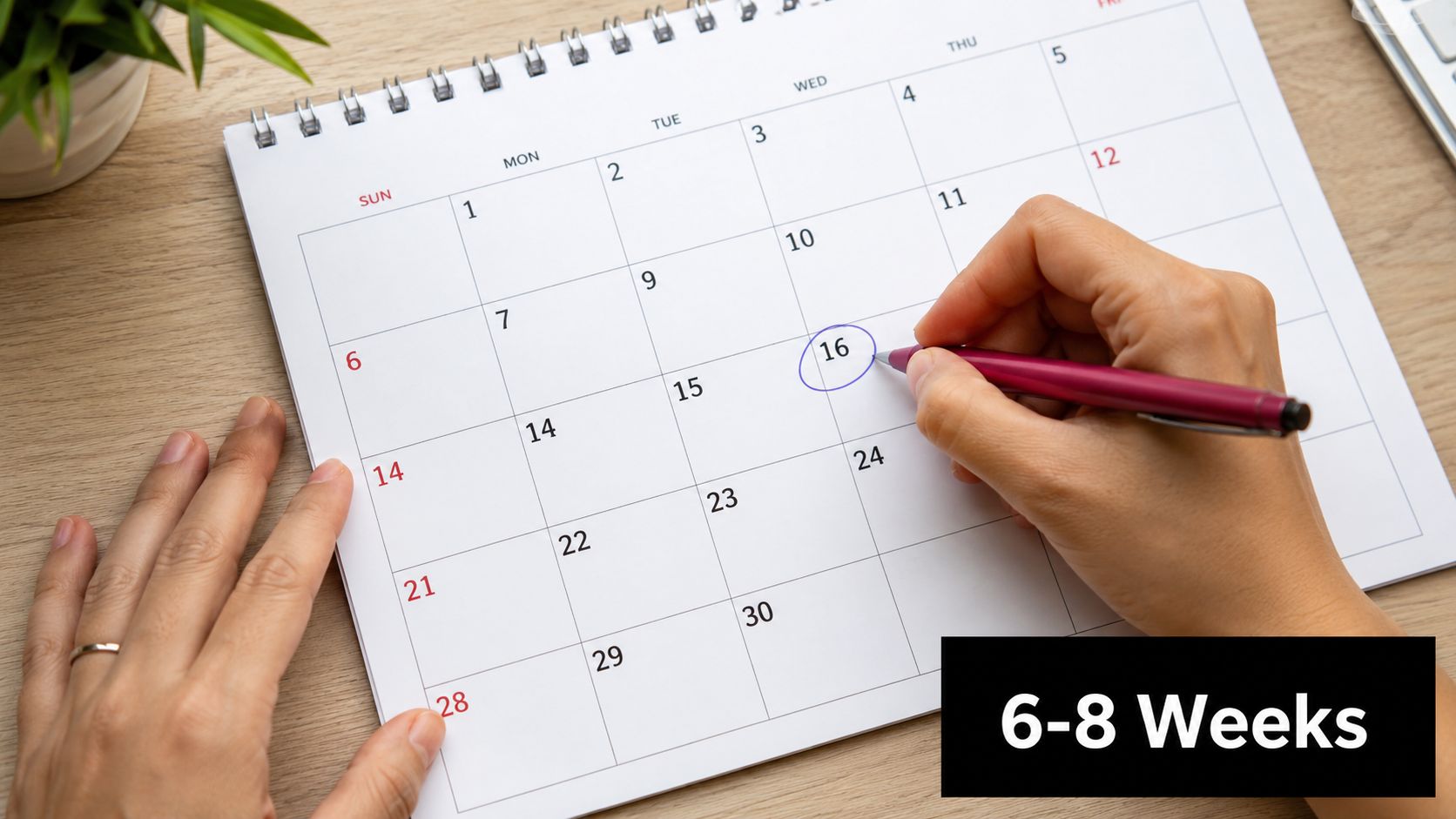 A person marks the sixteenth day on a calendar with a pen, emphasizing upcoming schedule planning.