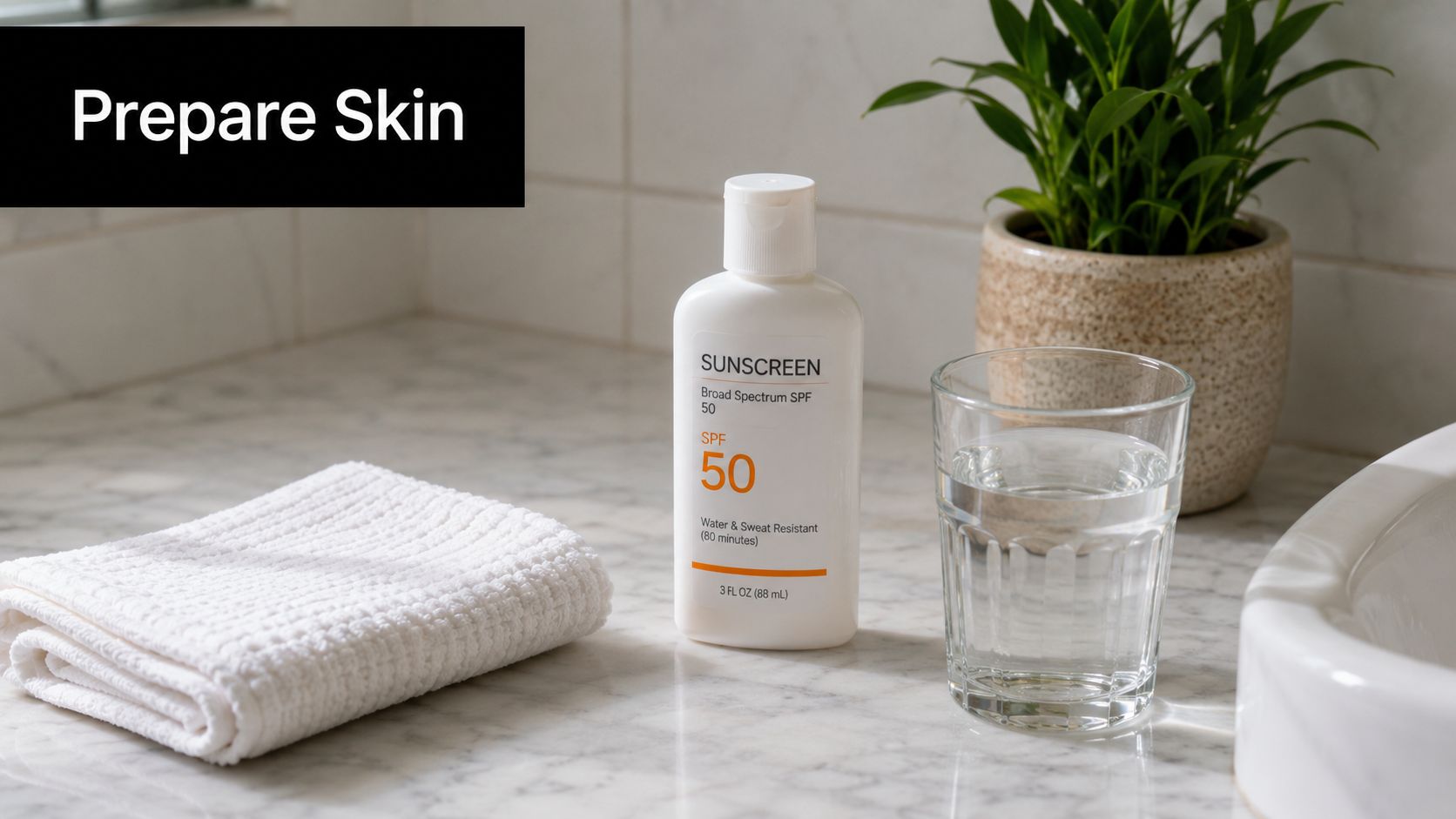 A white bottle of sunscreen, a folded white towel, and a glass of water on marble vanity.