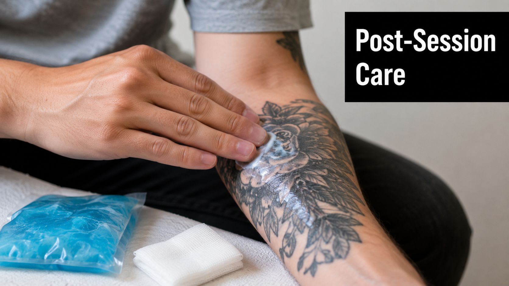 A person applying cream to a fresh tattoo on their arm as part of tattoo aftercare.