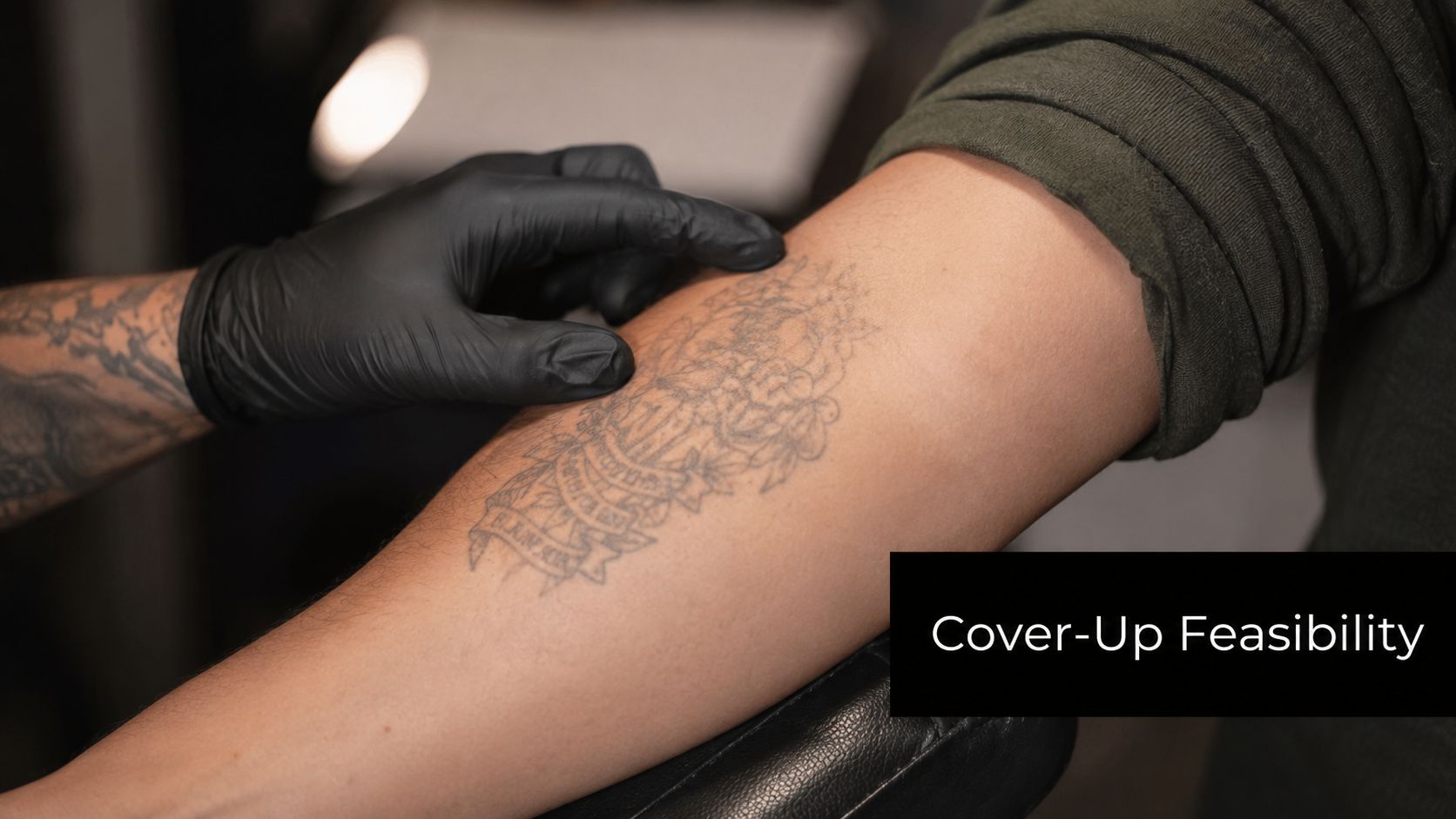 A professional tattoo artist in black gloves assessing an old arm tattoo for a potential cover-up.