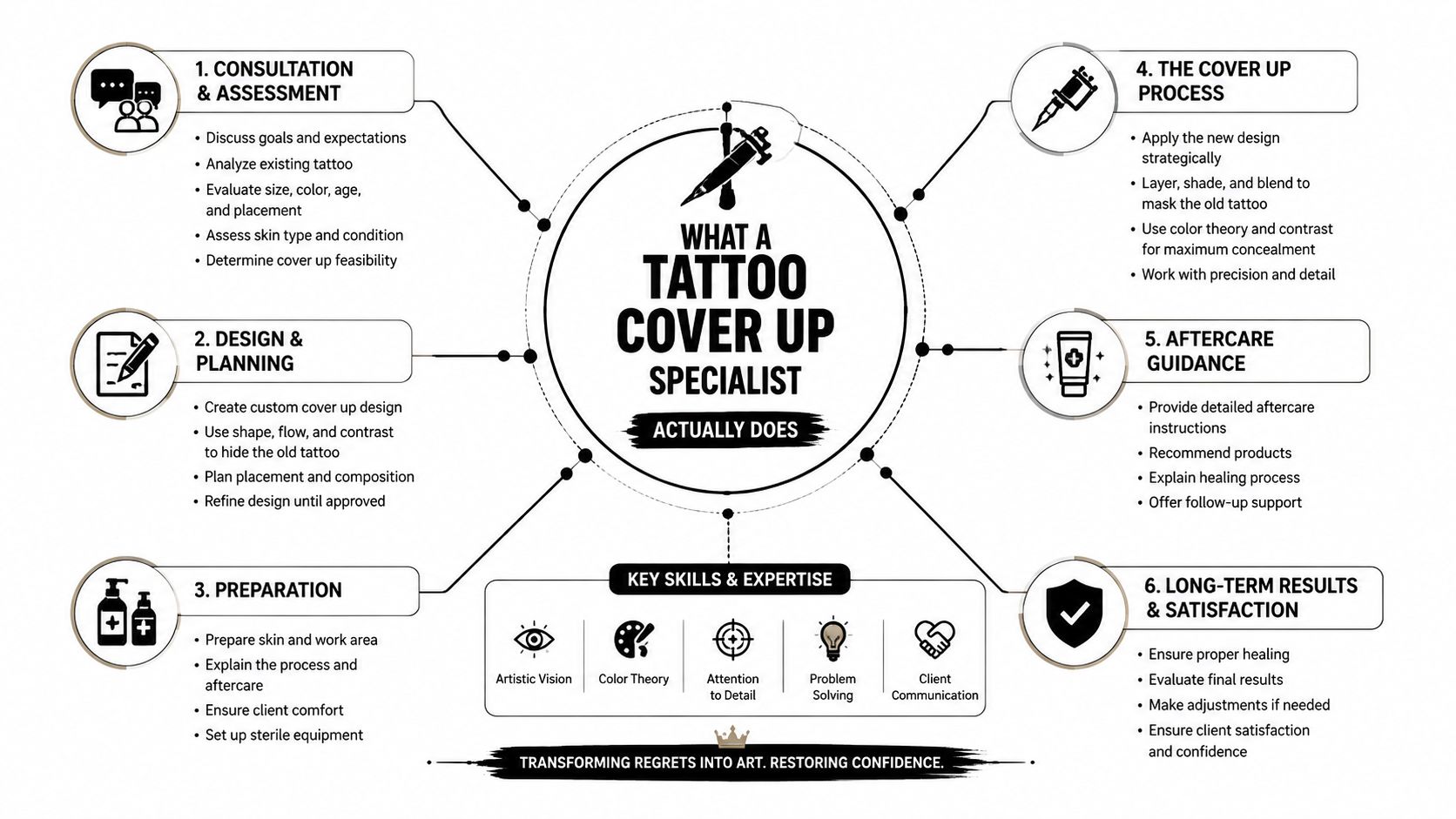 An infographic detailing the steps and professional skills required by a specialized tattoo cover-up artist.