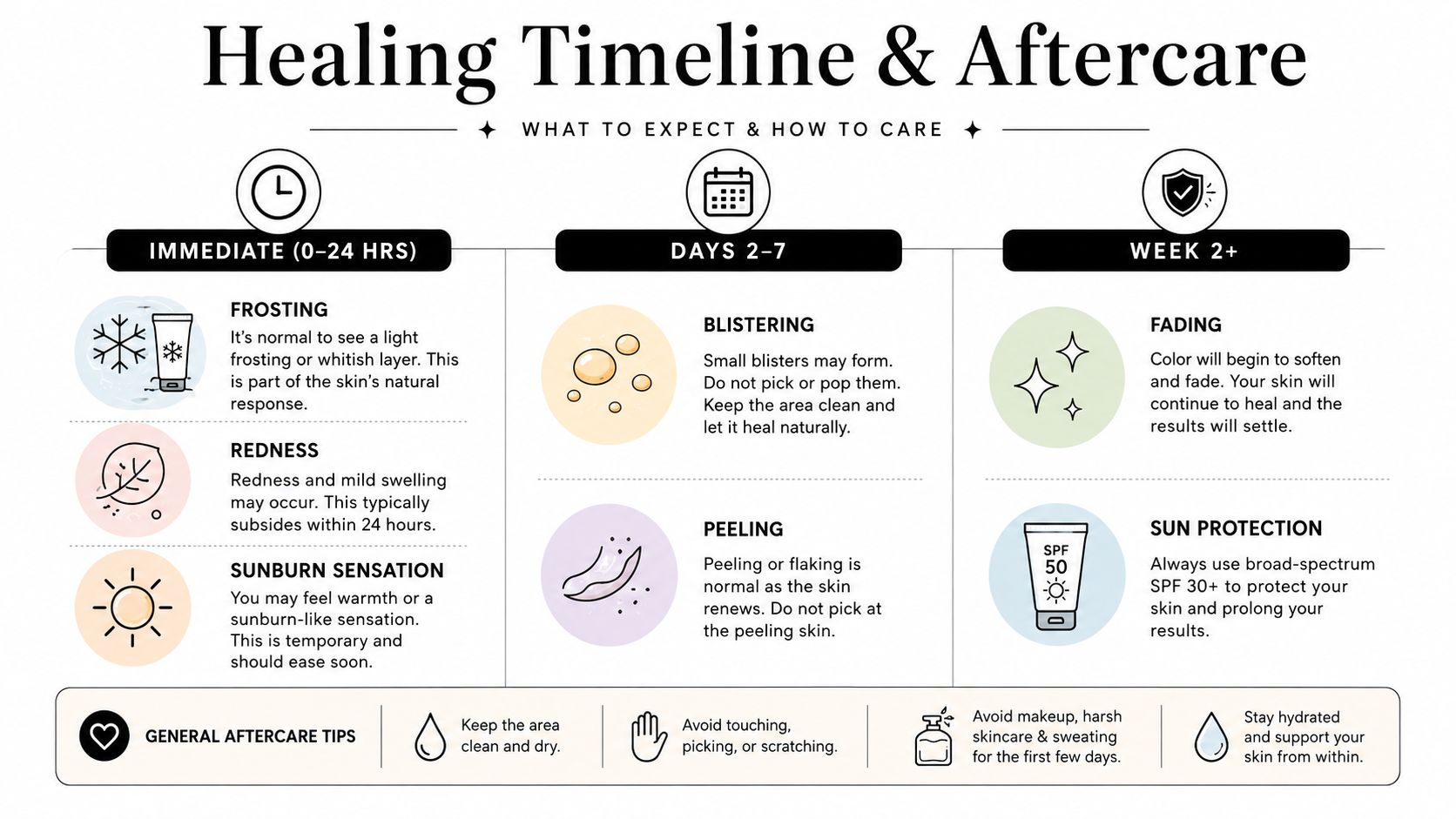 An informative infographic illustrating the healing timeline and aftercare steps for laser tattoo removal procedures.
