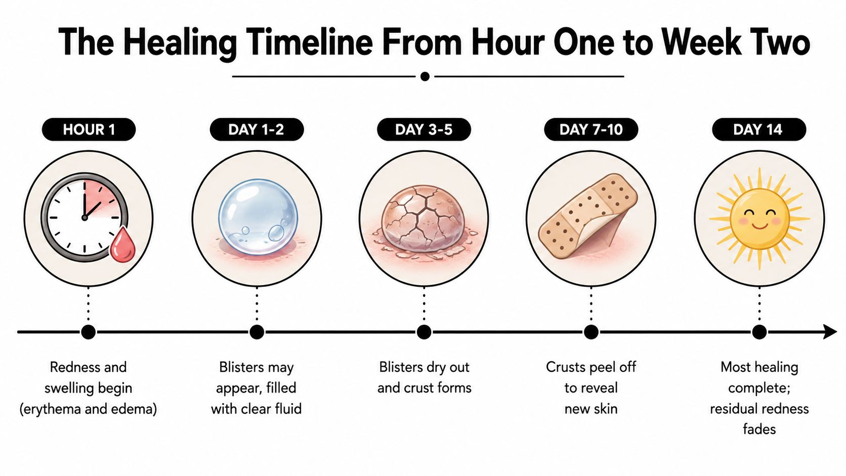 A timeline graphic illustrating the skin healing process from blistering to recovery after a procedure.