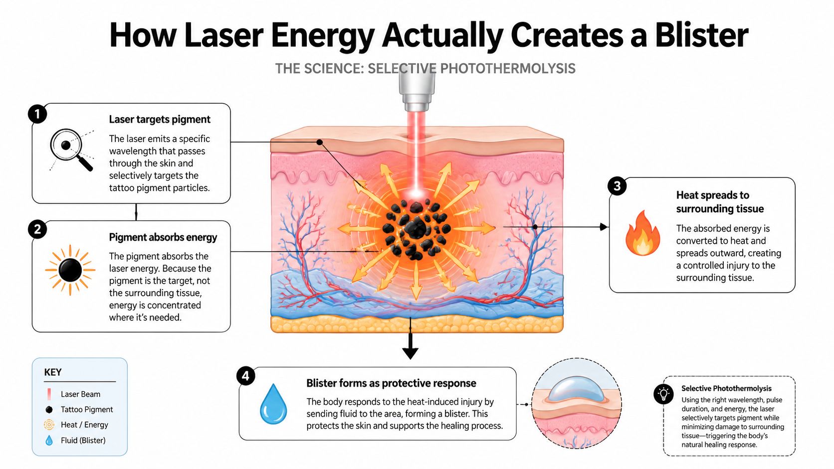An infographic showing how laser tattoo removal energy causes controlled heat and subsequent skin blisters.