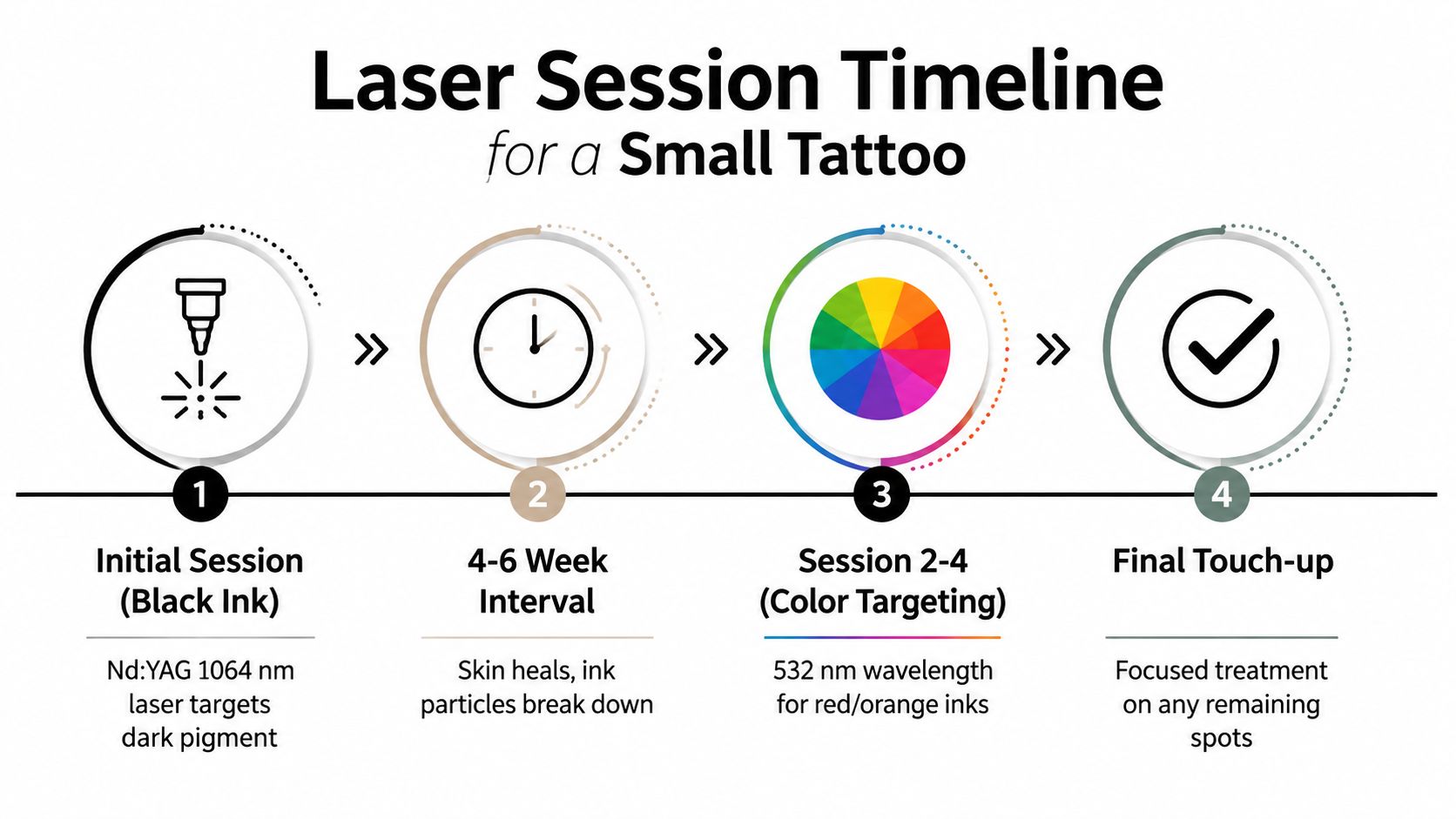 An infographic showing a four-step timeline for small tattoo removal using various laser treatment stages.