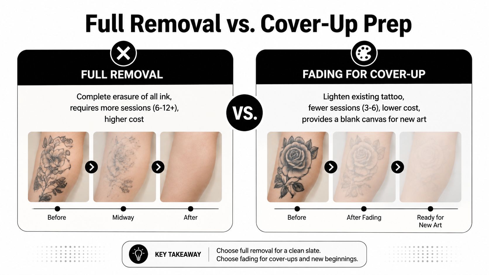 An infographic comparing the differences between full tattoo removal and fading for a cover-up tattoo.