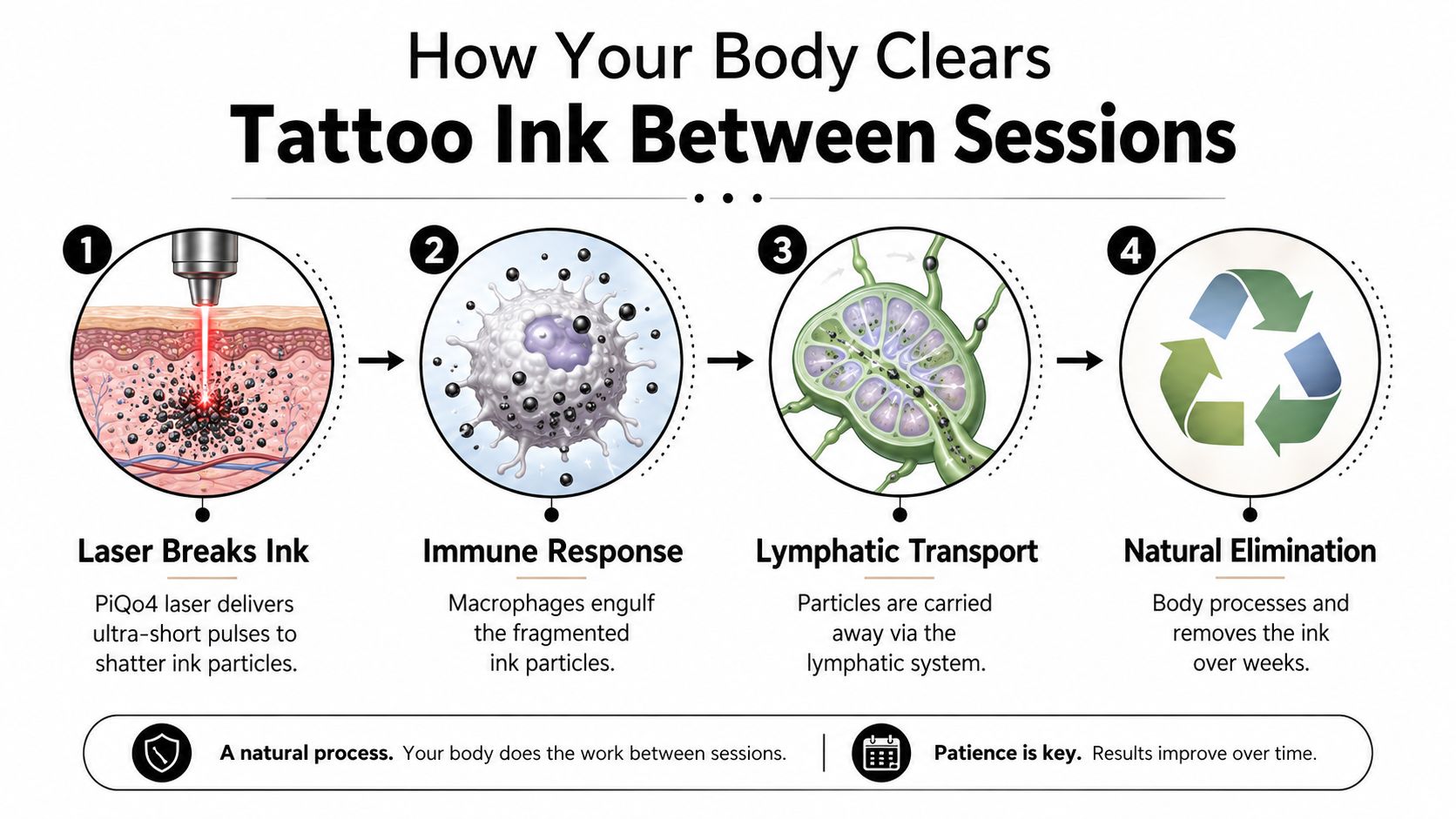 An infographic illustrating the four stages of how the human body naturally clears tattoo ink after laser treatment.