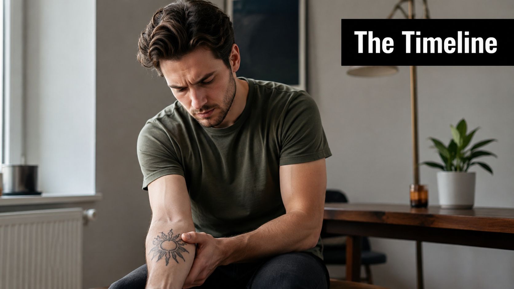 A young man looking down at his arm while considering professional tattoo removal options at home.