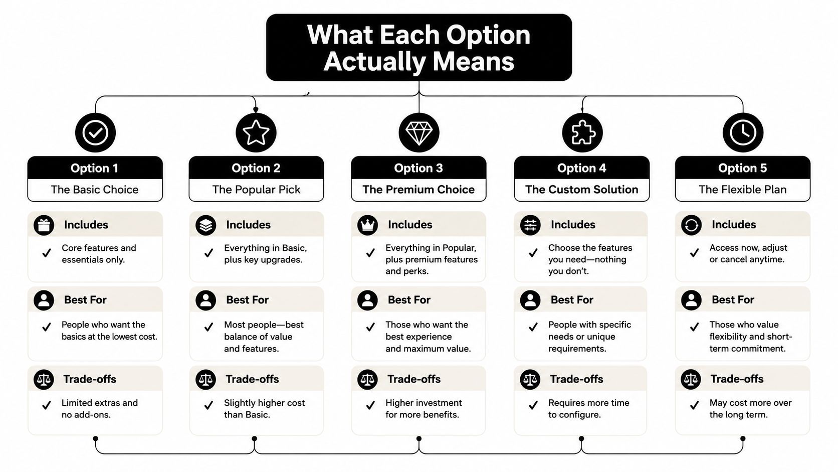 A diagram comparing five distinct service options ranging from a basic choice to a flexible custom plan.