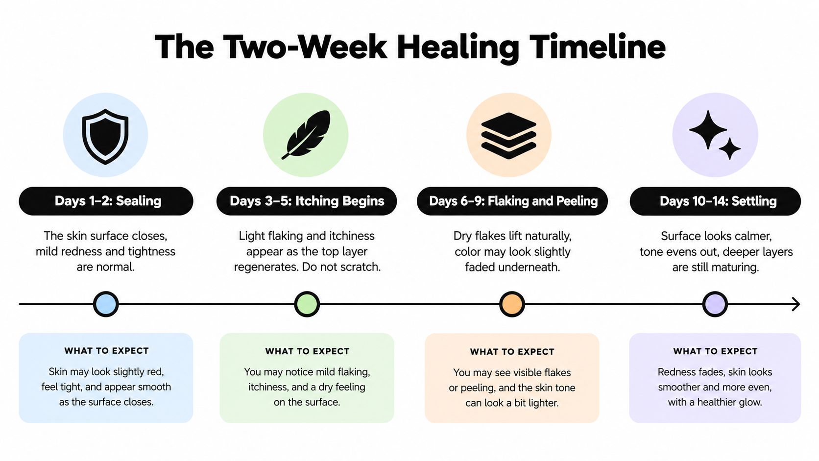 A healing timeline infographic illustrating the four stages of skin recovery over a fourteen-day period.