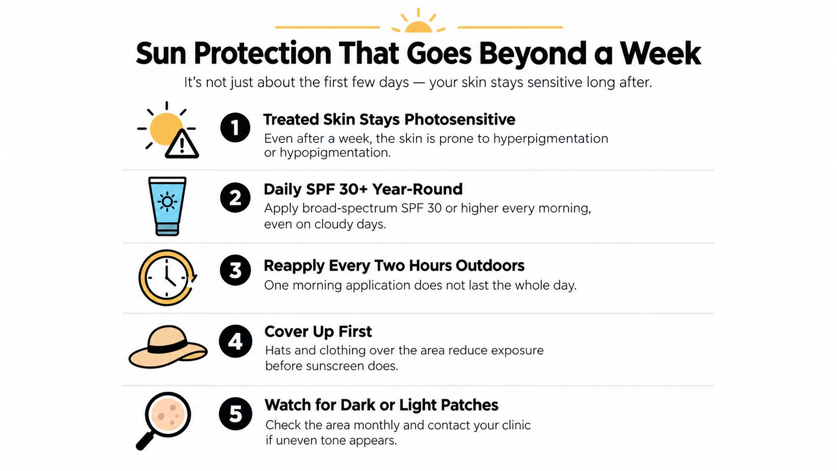 A list of five essential sun protection aftercare tips for maintaining healthy, post-treatment skin throughout the year.