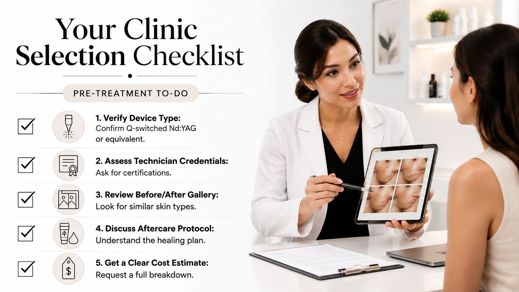 A professional consultation between a skin clinic practitioner and a client reviewing a pre-treatment checklist for laser procedures.