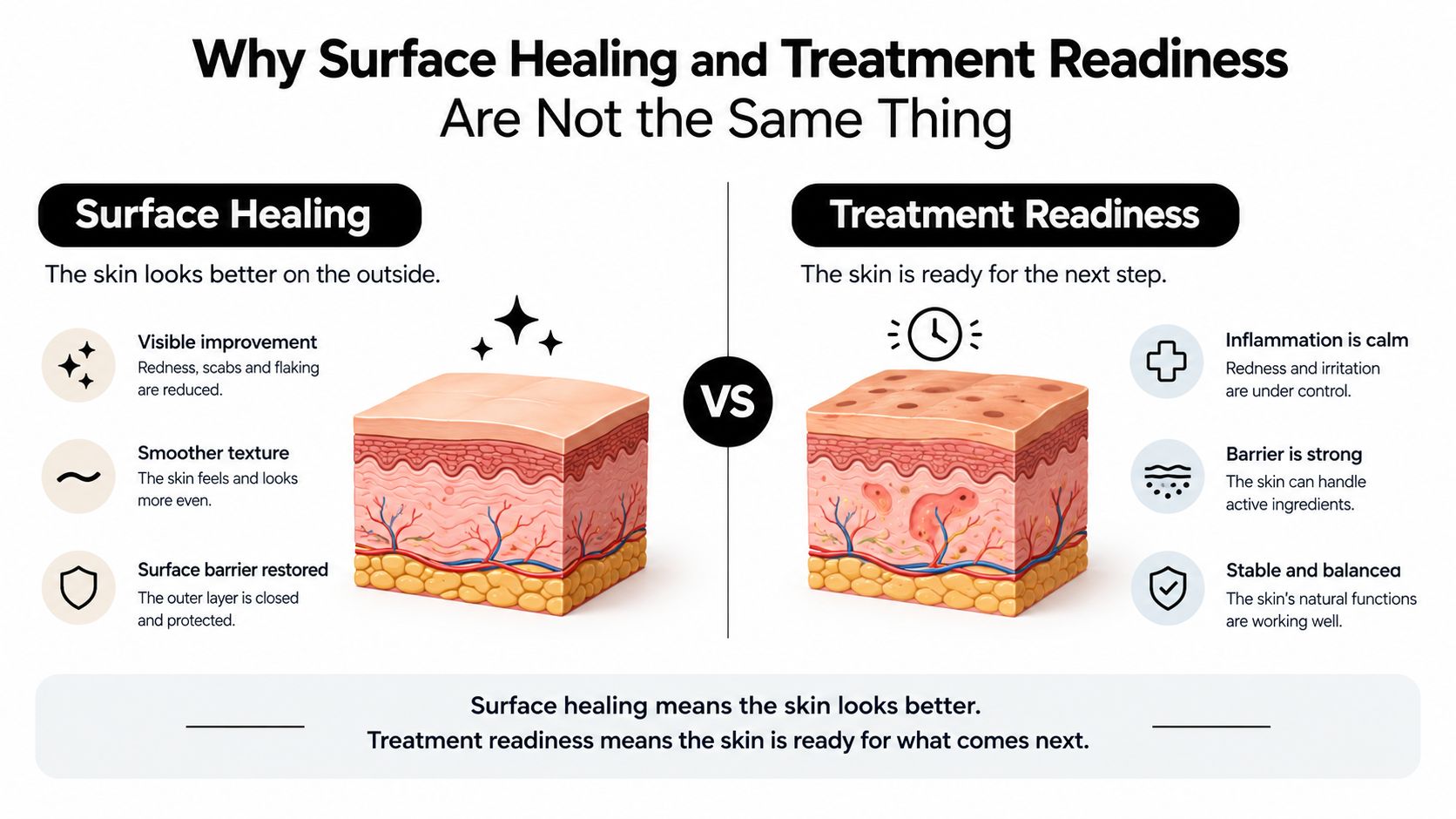 A diagram comparing surface skin healing versus skin treatment readiness for professional cosmetic tattoo removal procedures.