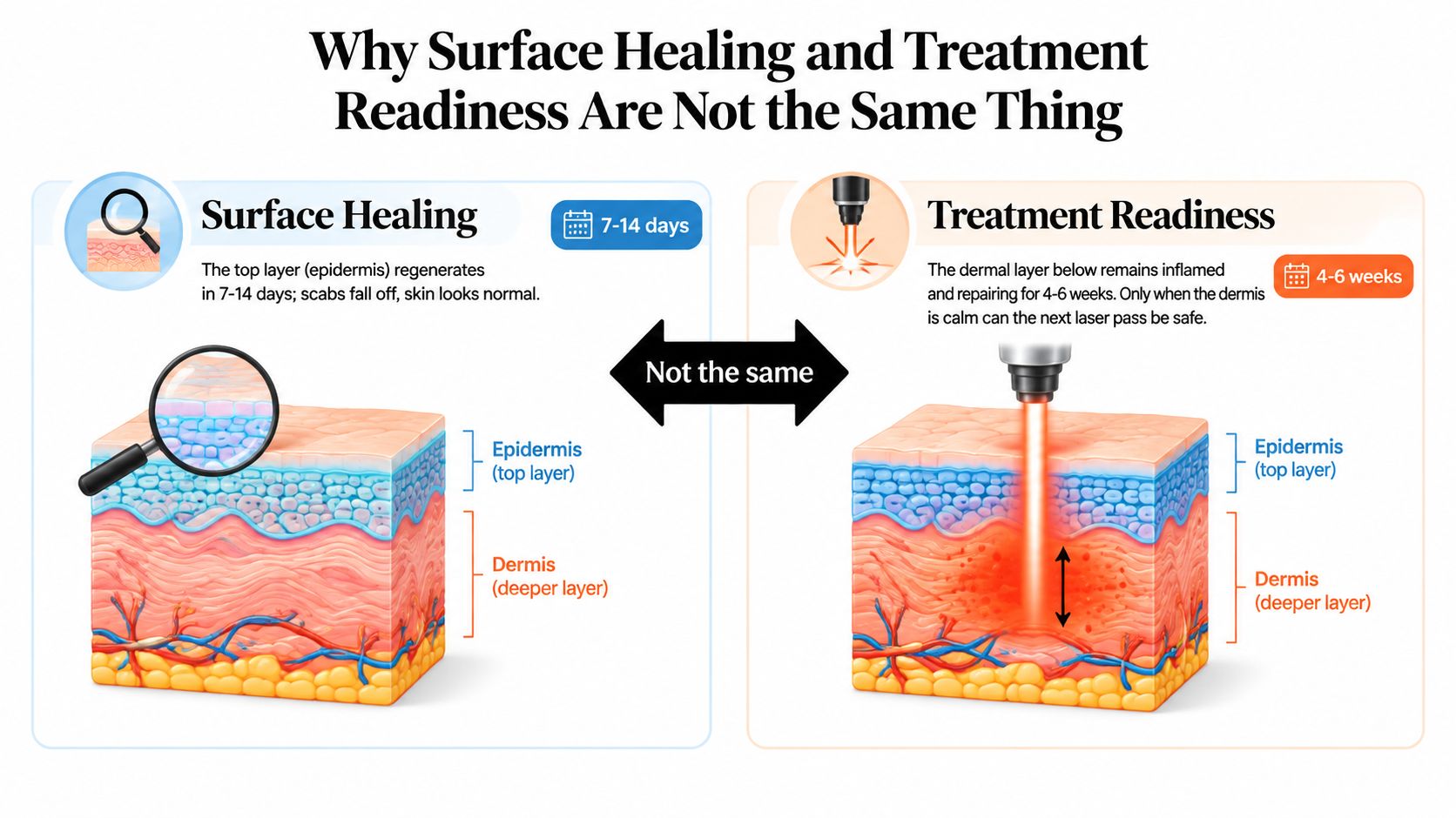 A diagram comparing skin surface healing to dermal treatment readiness during the laser tattoo removal process.