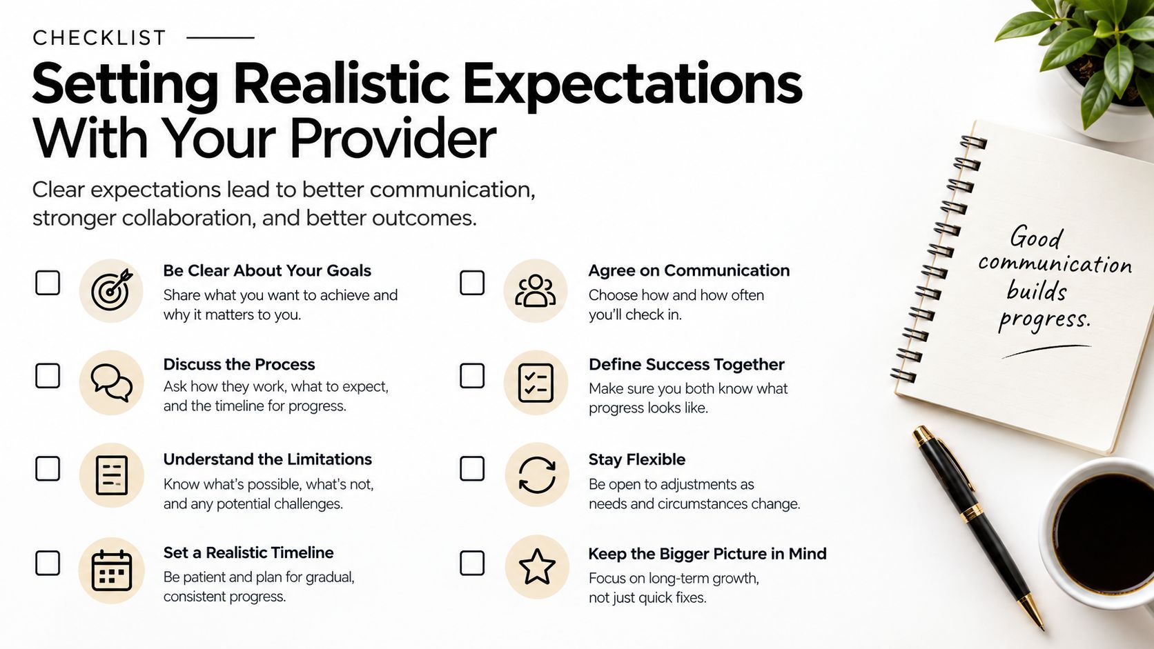A checklist for setting realistic expectations with your service provider displayed on a white professional desk.