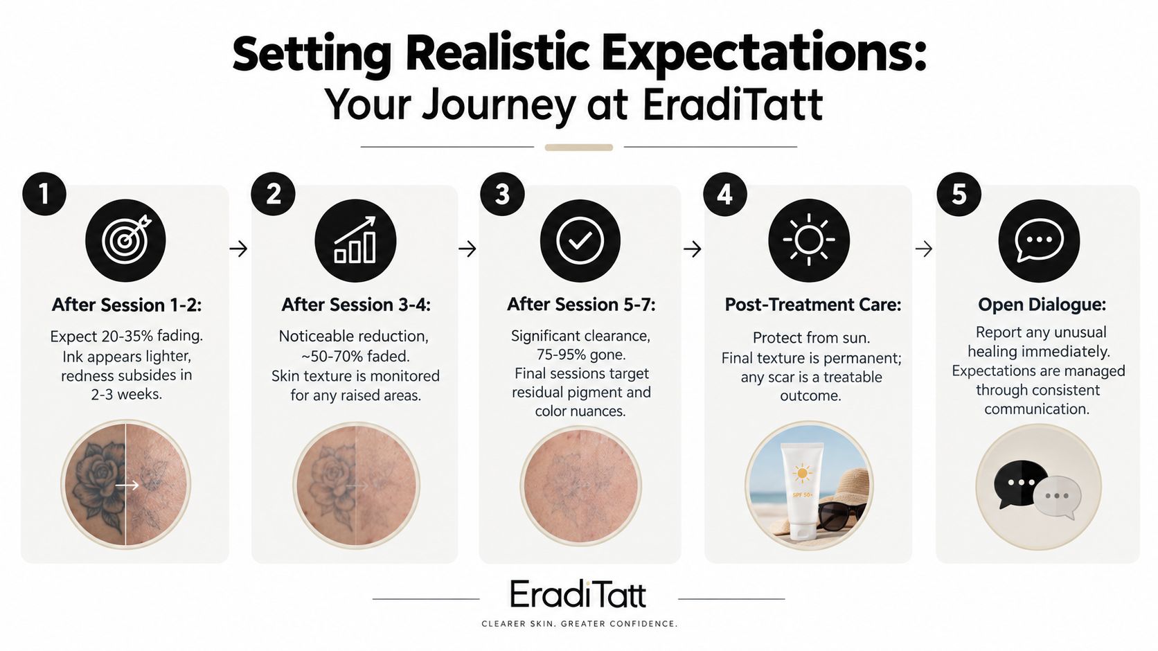 An infographic detailing the five-step EradiTatt laser tattoo removal process with expected fading milestones and aftercare advice.