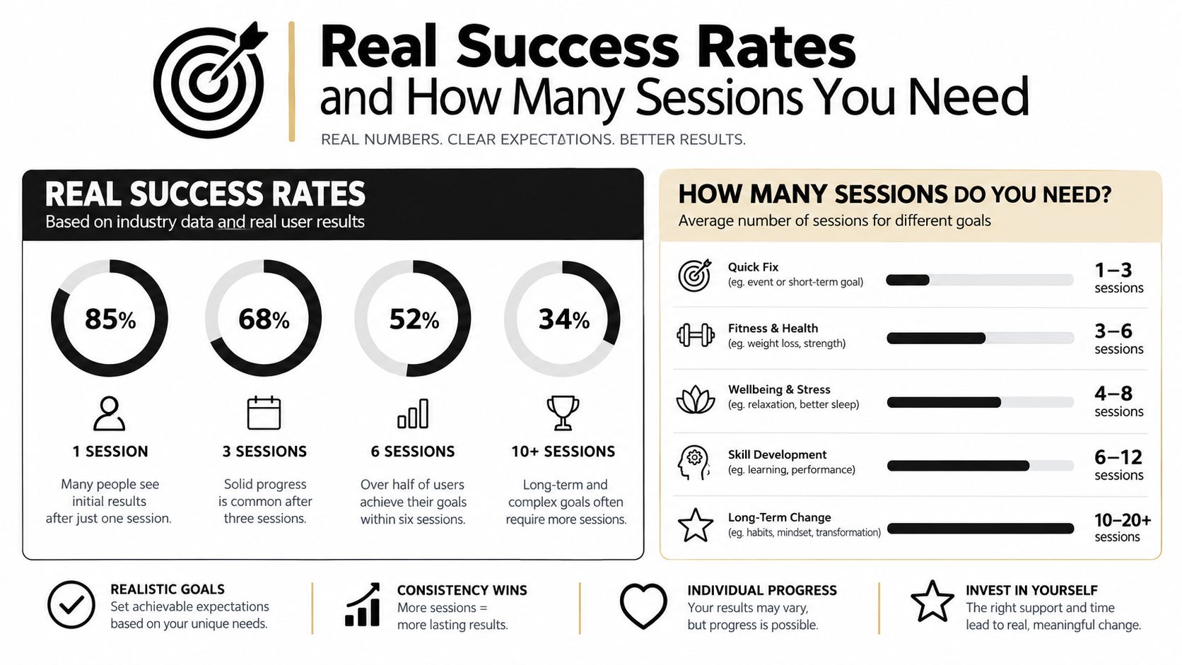 An infographic titled Real Success Rates illustrating how many sessions are needed for various personal improvement goals.