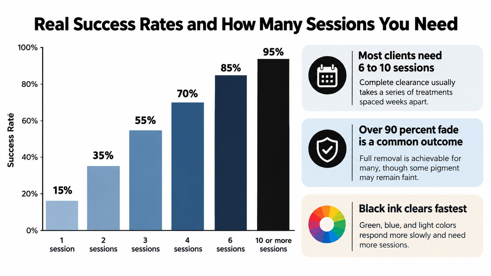 A bar chart showing real success rates for laser tattoo removal based on the number of sessions.
