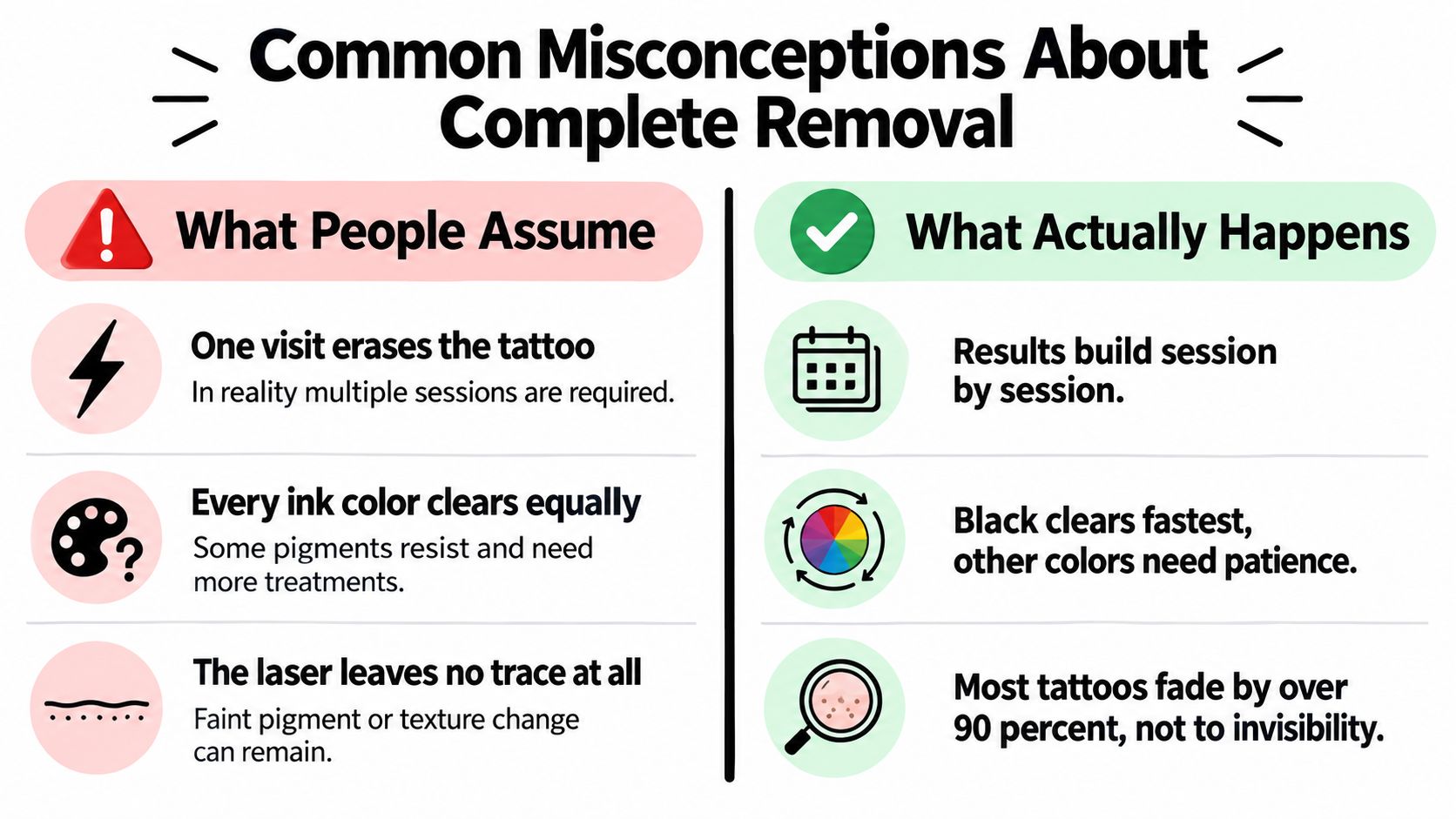 A comparison chart showing common misconceptions versus the reality of the laser tattoo removal process.