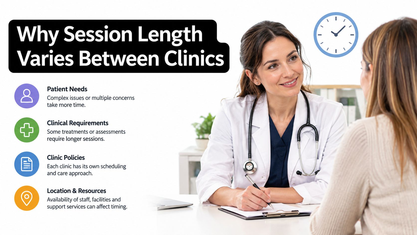 A female doctor talking to a patient, with an infographic explaining why clinical session lengths vary.