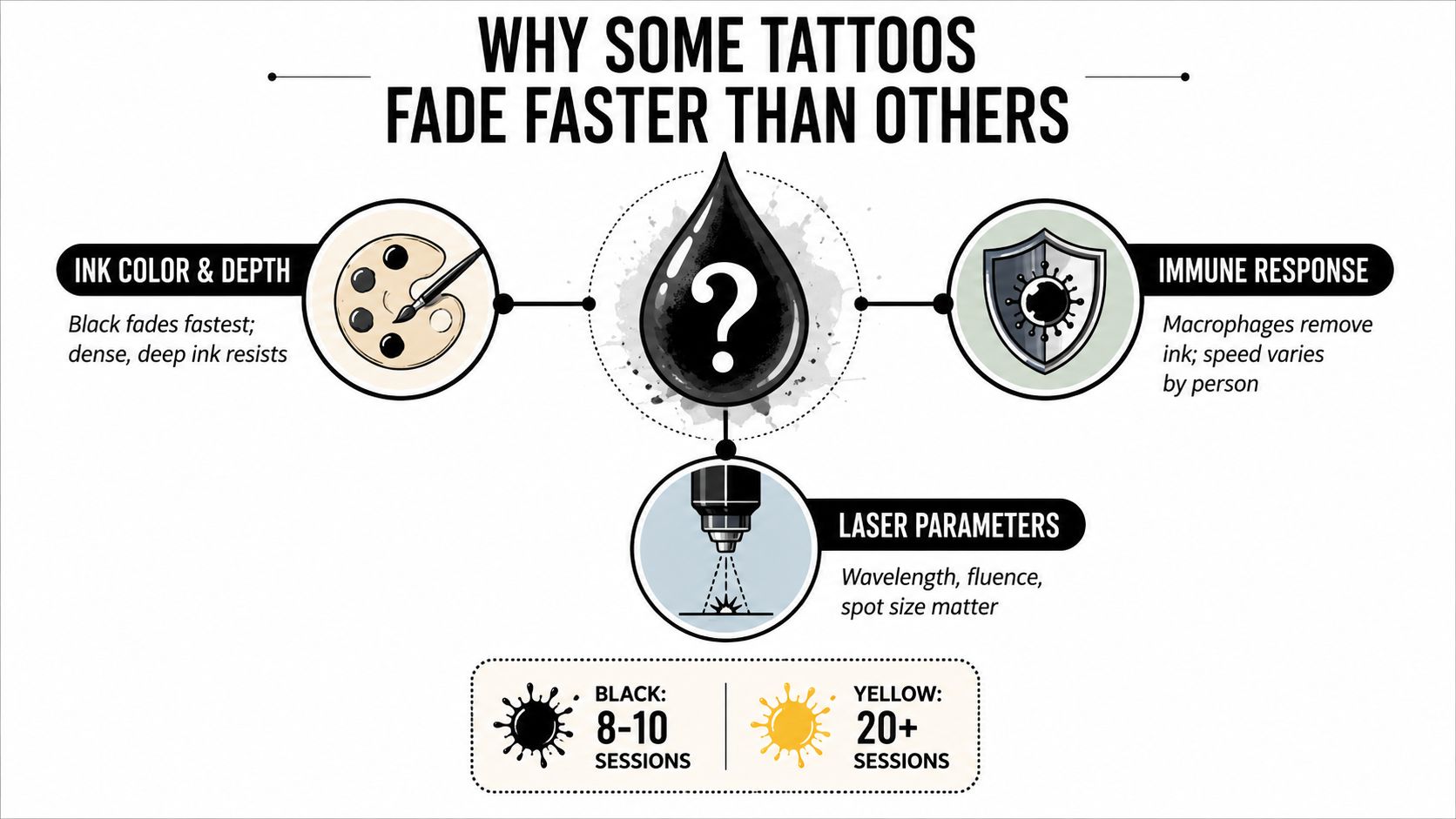 An infographic titled Why Some Tattoos Fade Faster Than Others, explaining factors affecting laser tattoo removal.