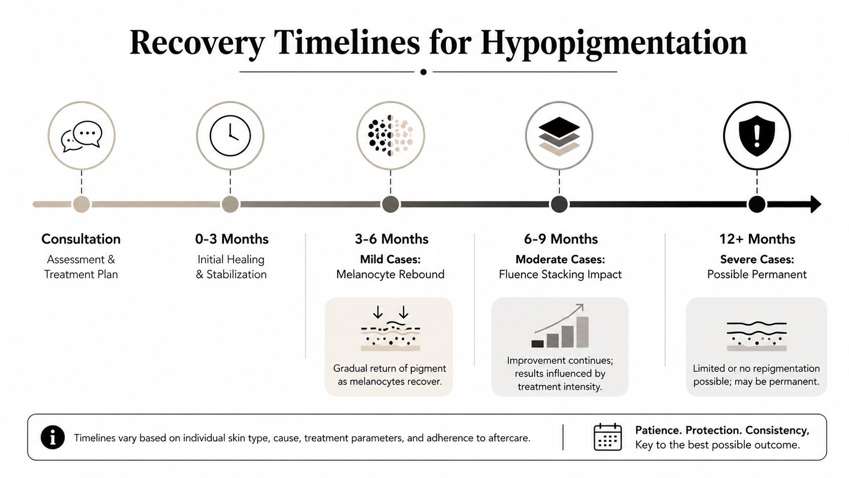 A visual timeline infographic explaining the recovery stages of hypopigmentation from consultation to long-term healing.