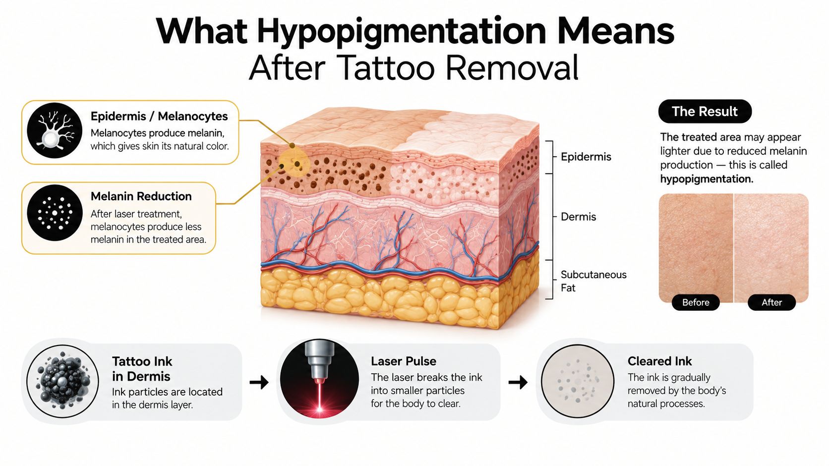A diagram explaining hypopigmentation, showing skin layers and how laser tattoo removal reduces melanin production.