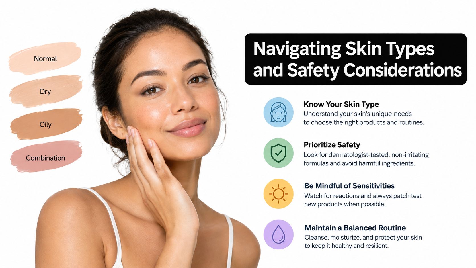 A woman touching her face beside text explaining different skin types and essential safety considerations for skincare.