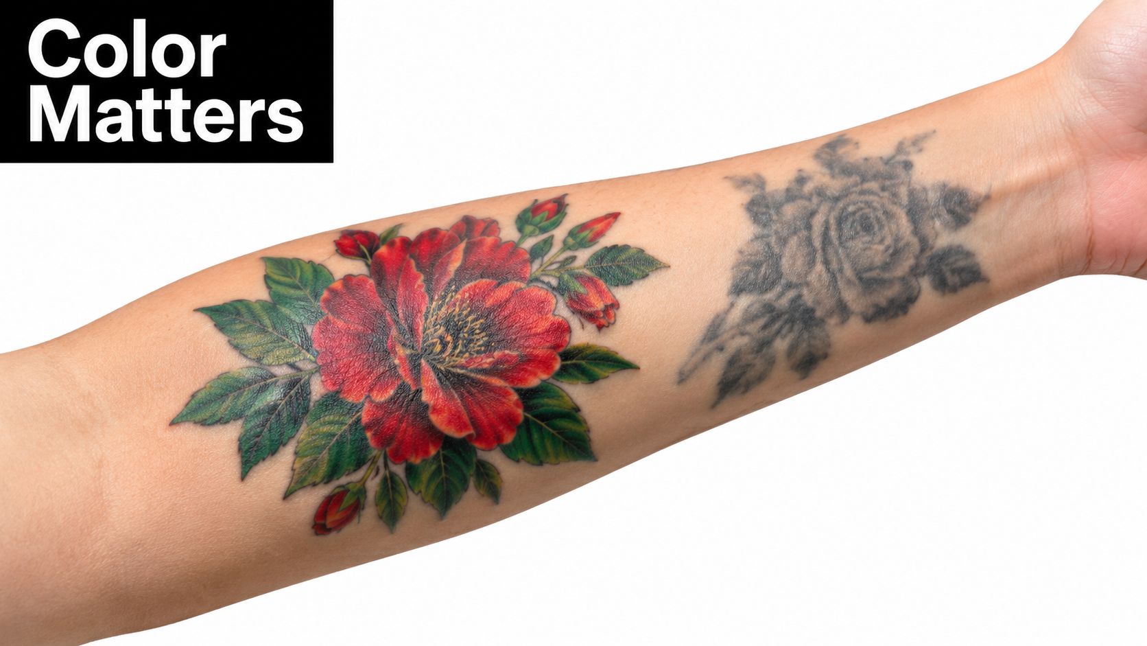 A close-up view of a forearm showing a vibrant red flower tattoo next to an old faded tattoo.