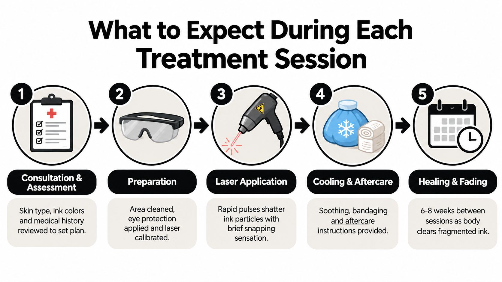 A five-step infographic showing the process of laser tattoo removal from consultation to the healing phase.