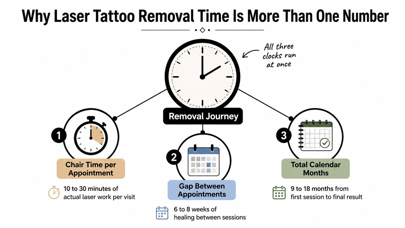 An infographic showing the three different time measurements involved in a laser tattoo removal journey.