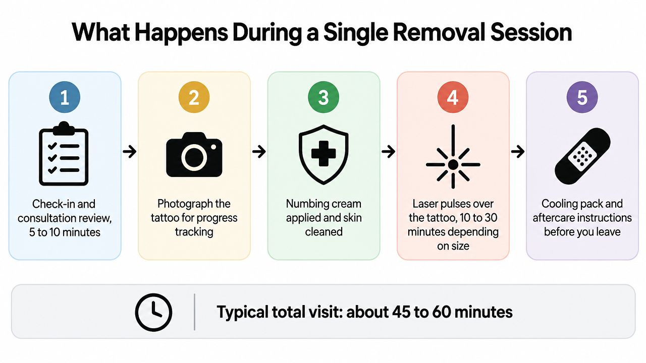 A diagram illustrating the five-step process of a laser tattoo removal session with total visit time.