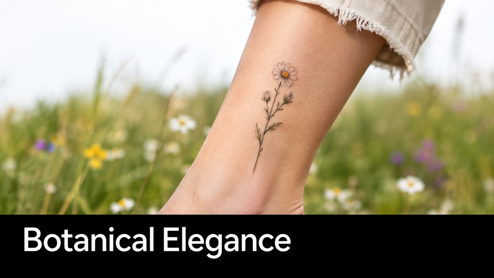 A close-up view of a delicate daisy tattoo on a woman's ankle in a flower field.