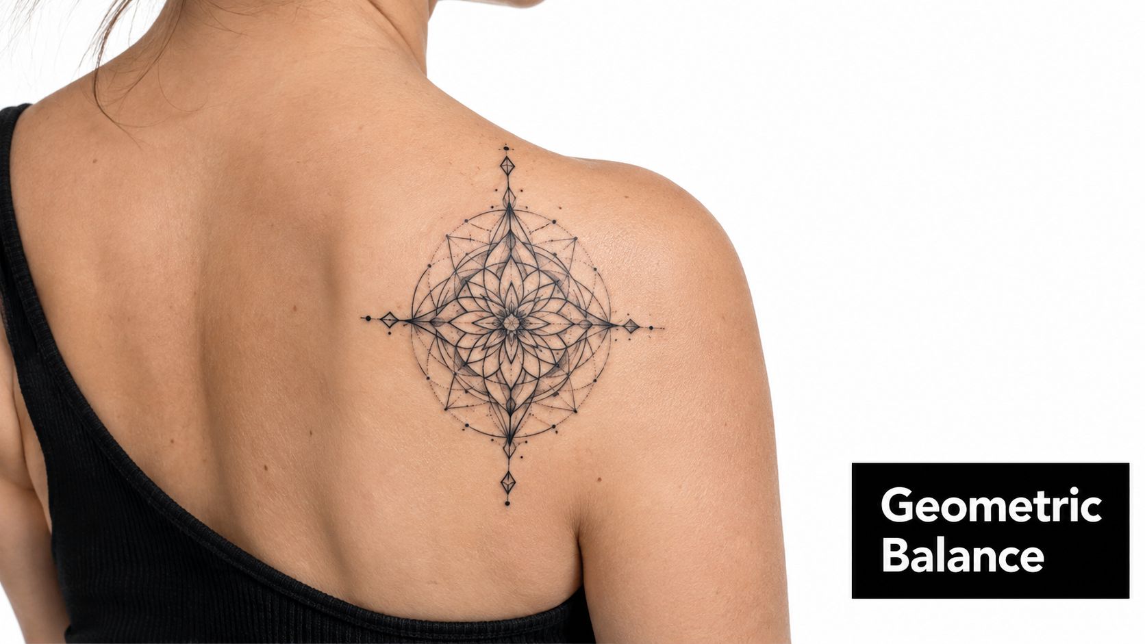 A close-up view of a person with a geometric mandala tattoo on their shoulder blade