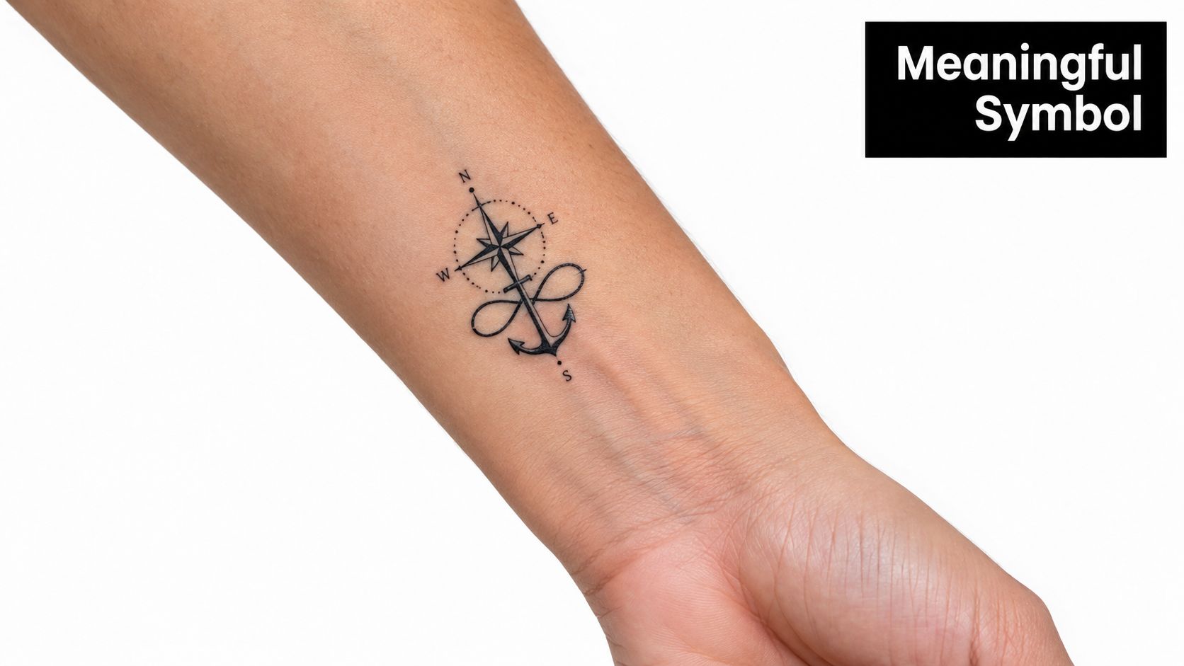 A minimalist black ink tattoo of a compass, infinity sign, and anchor on a person's wrist.