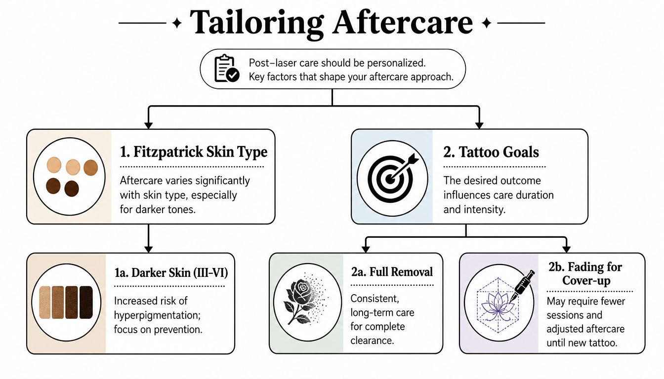 A flowchart outlining key factors for tailoring post-laser tattoo removal aftercare, including skin type and tattoo goals.