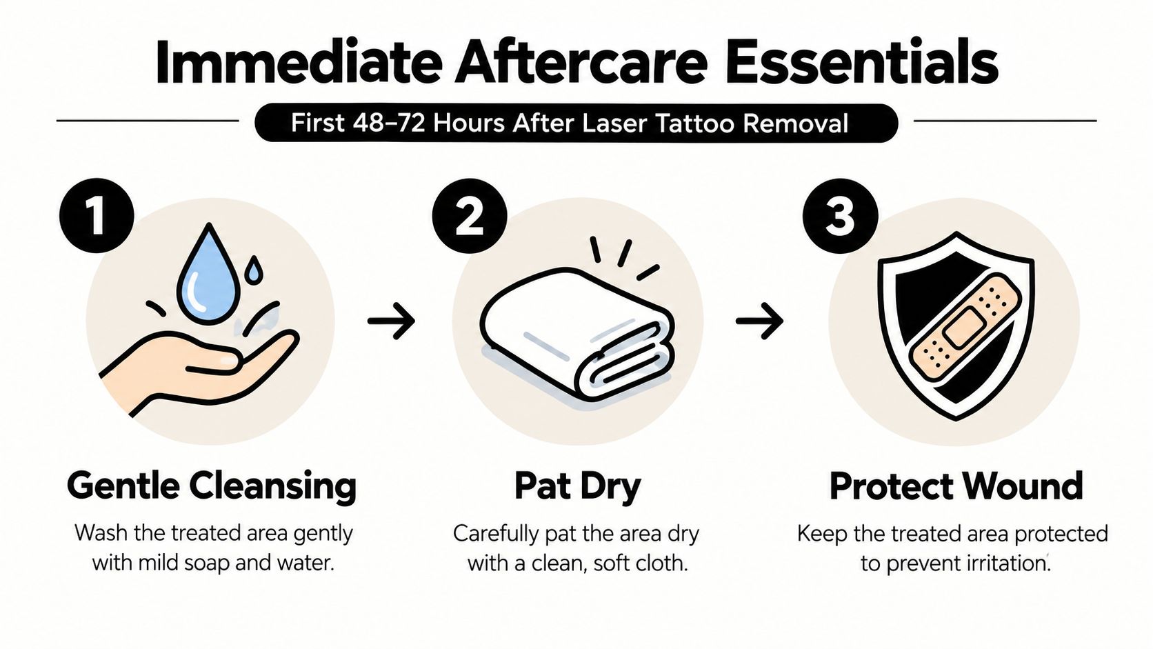 A three-step infographic showing how to care for skin after laser tattoo removal with simple icons.
