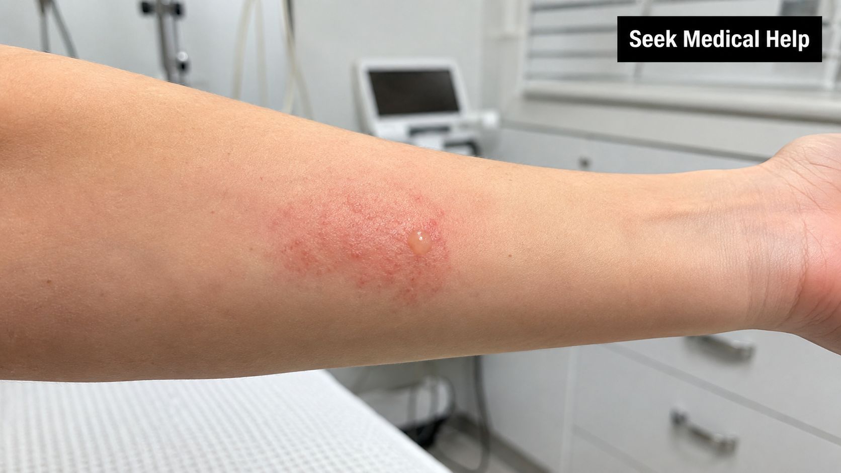 A close-up view of a red, irritated skin patch with a small blister on a person's forearm.