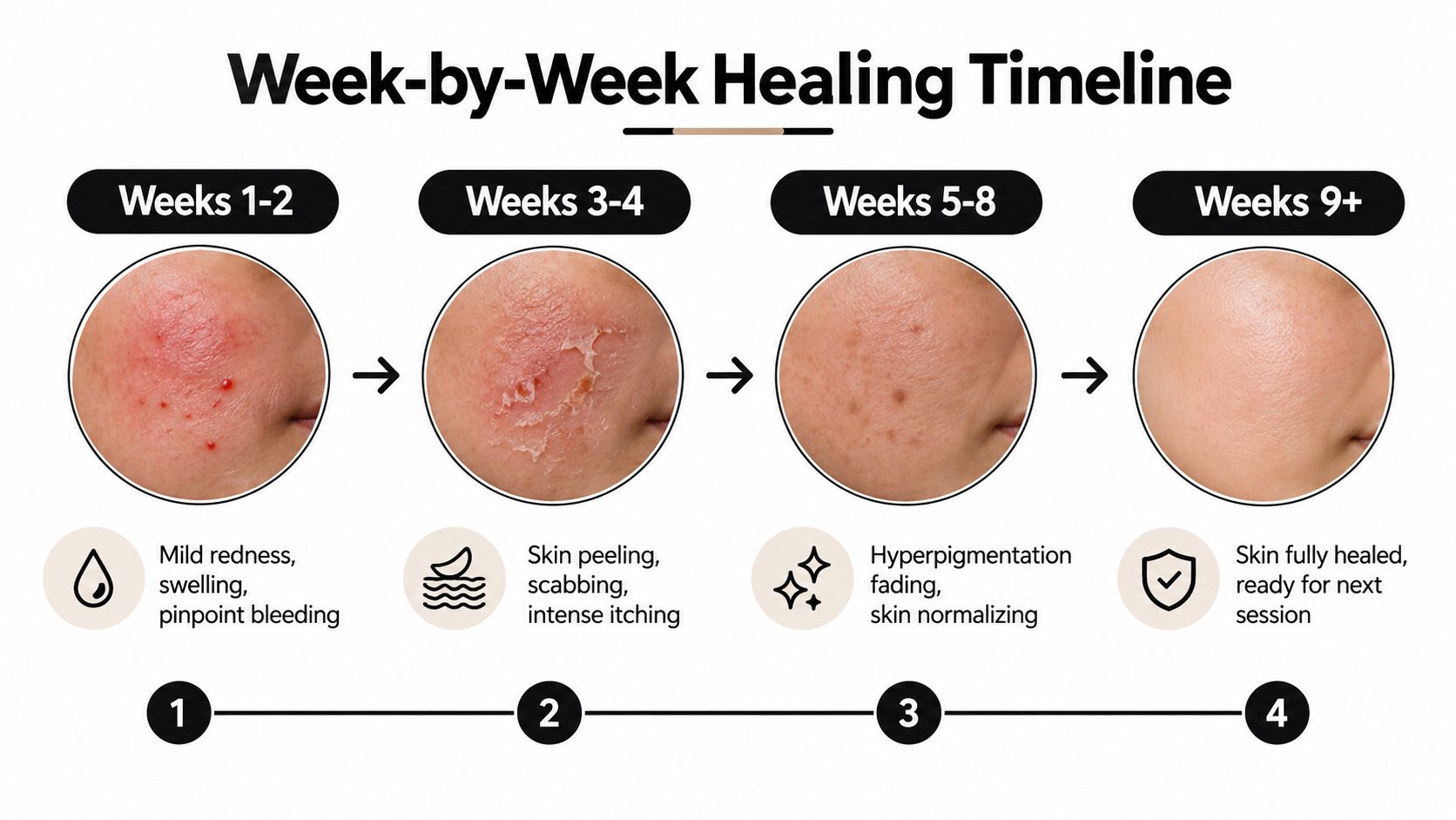 A visual guide illustrating the four-stage healing timeline for skin after a cosmetic treatment procedure.