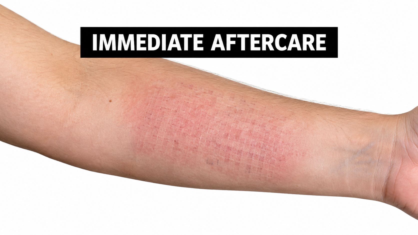 A close-up view of a person's forearm showing red, irritated skin following a tattoo laser removal procedure.