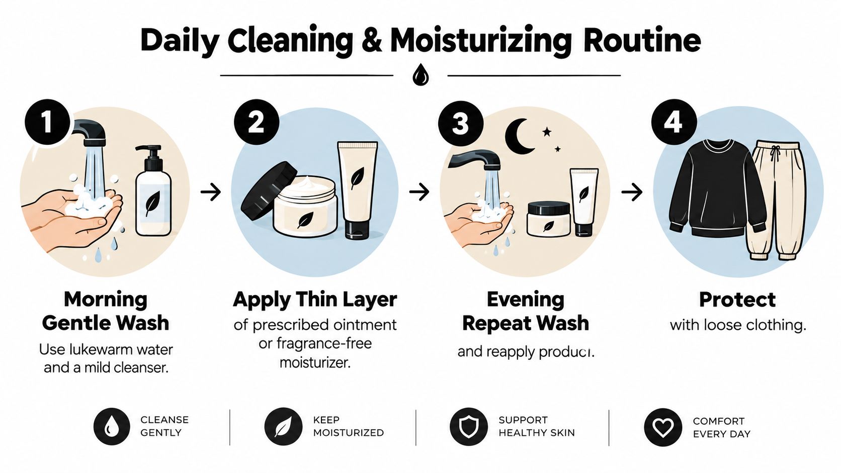 A four-step infographic illustrating a daily skin care and moisturizing routine for aftercare with icons.
