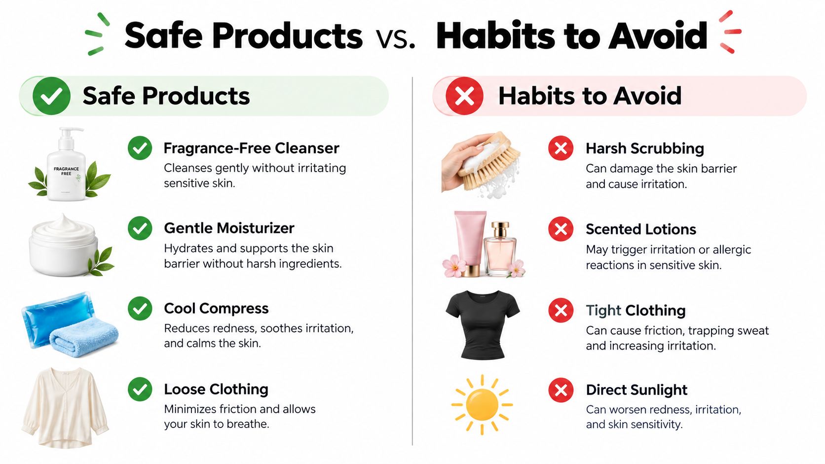 A comparison chart showing safe skincare products and harmful habits to avoid for skin health.