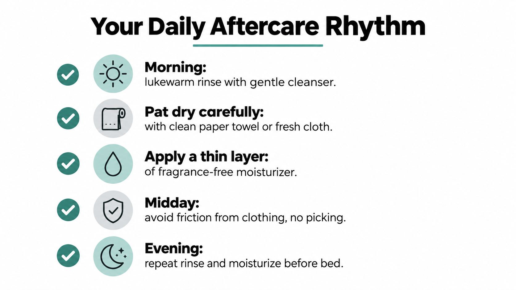An infographic titled Your Daily Aftercare Rhythm, outlining five steps for post-tattoo skin care and maintenance.