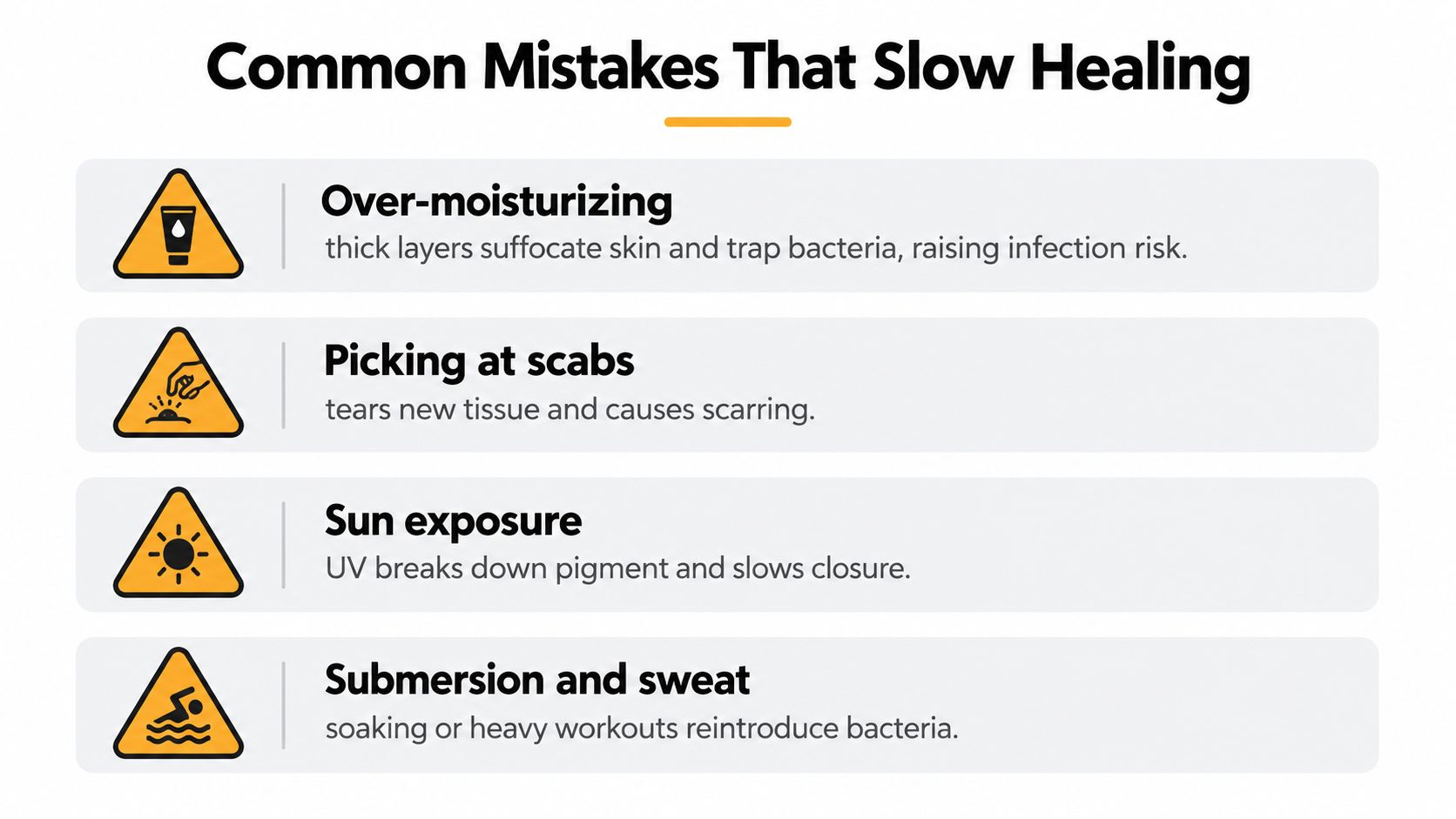 A graphic listing four common mistakes to avoid during healing, including over-moisturizing, picking scabs, sun exposure, and submersion.