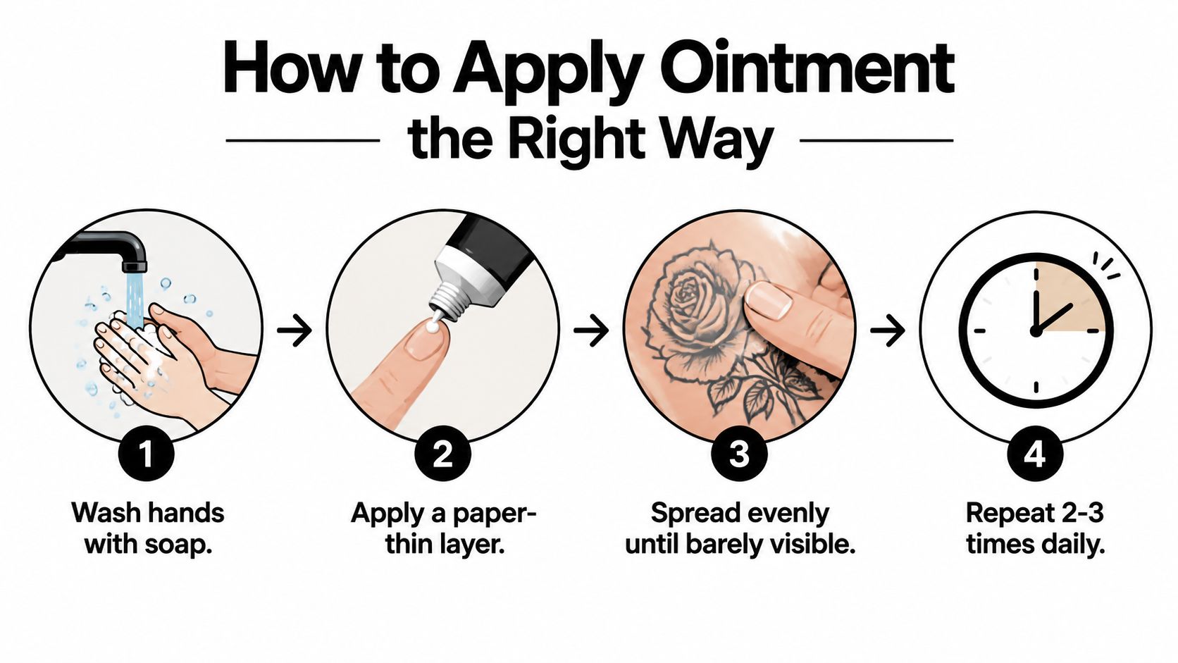 A four-step infographic illustrating how to properly apply ointment to a new tattoo for aftercare.