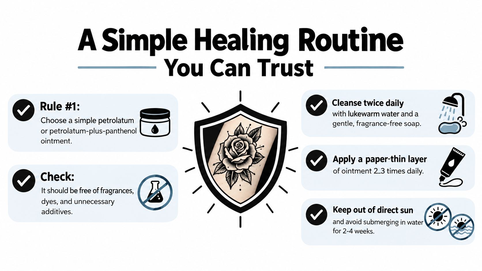 An infographic detailing a simple, essential tattoo aftercare routine with tips on cleaning and moisturizing.