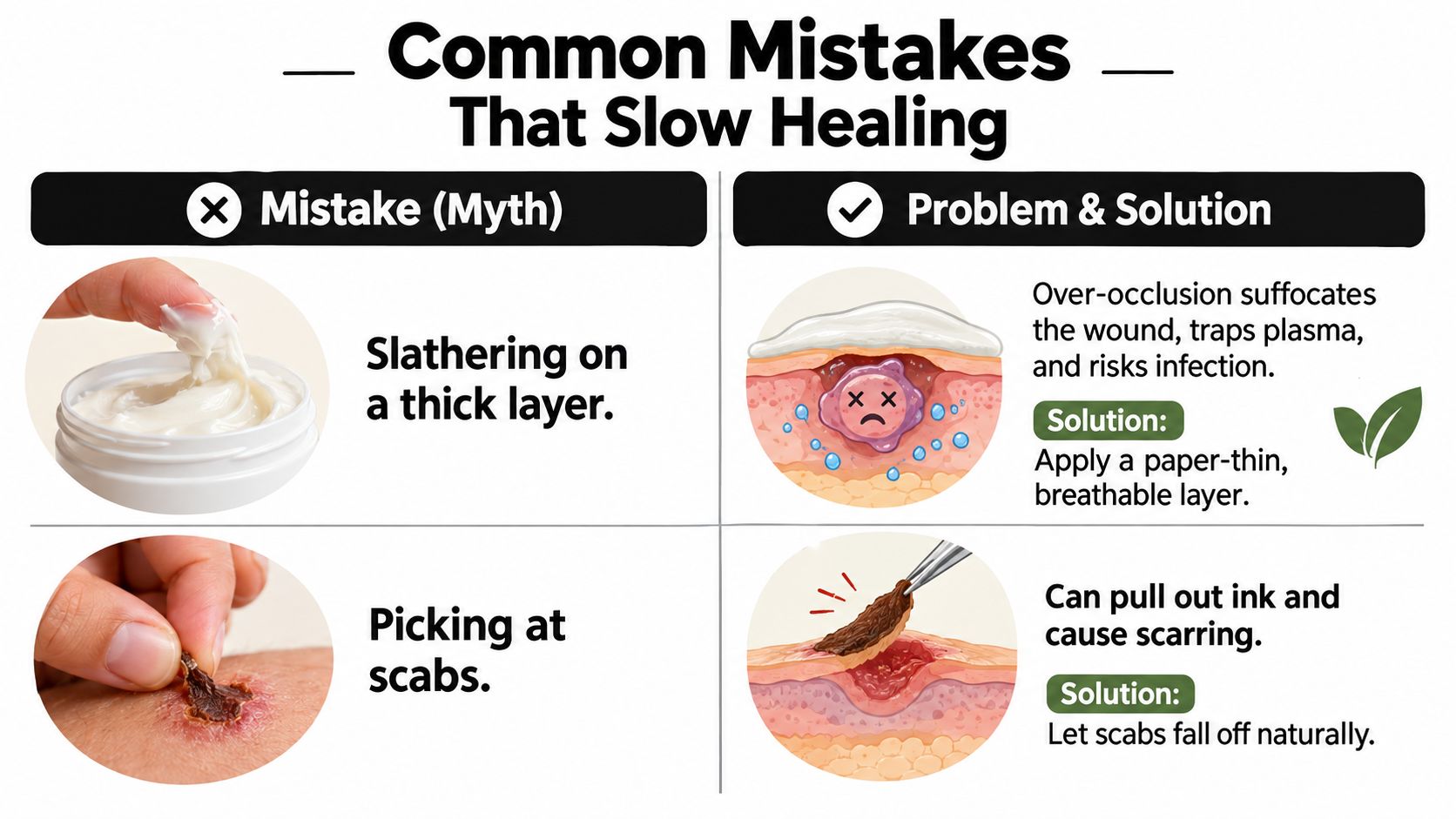 An infographic detailing common tattoo aftercare mistakes like thick ointment application and picking at scabs to avoid.