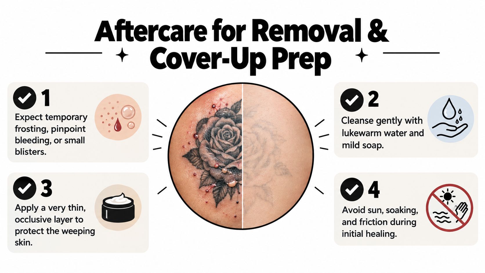 An infographic titled Aftercare for Removal and Cover-Up Prep illustrating four essential steps for tattoo aftercare.