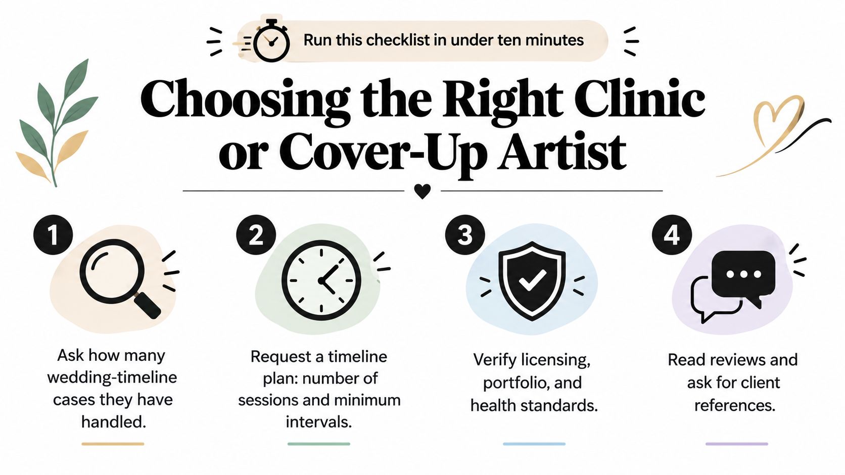 A four-step checklist for choosing a professional clinic or artist for a wedding tattoo cover-up procedure.