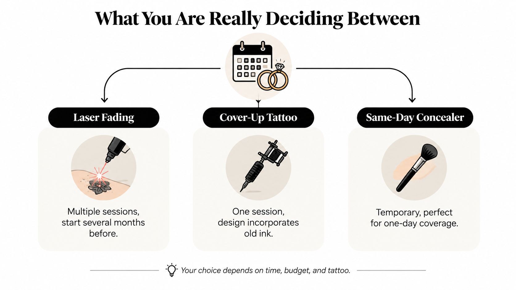 A diagram illustrating three options for hiding a tattoo before a wedding: laser fading, cover-up tattoos, or concealer.